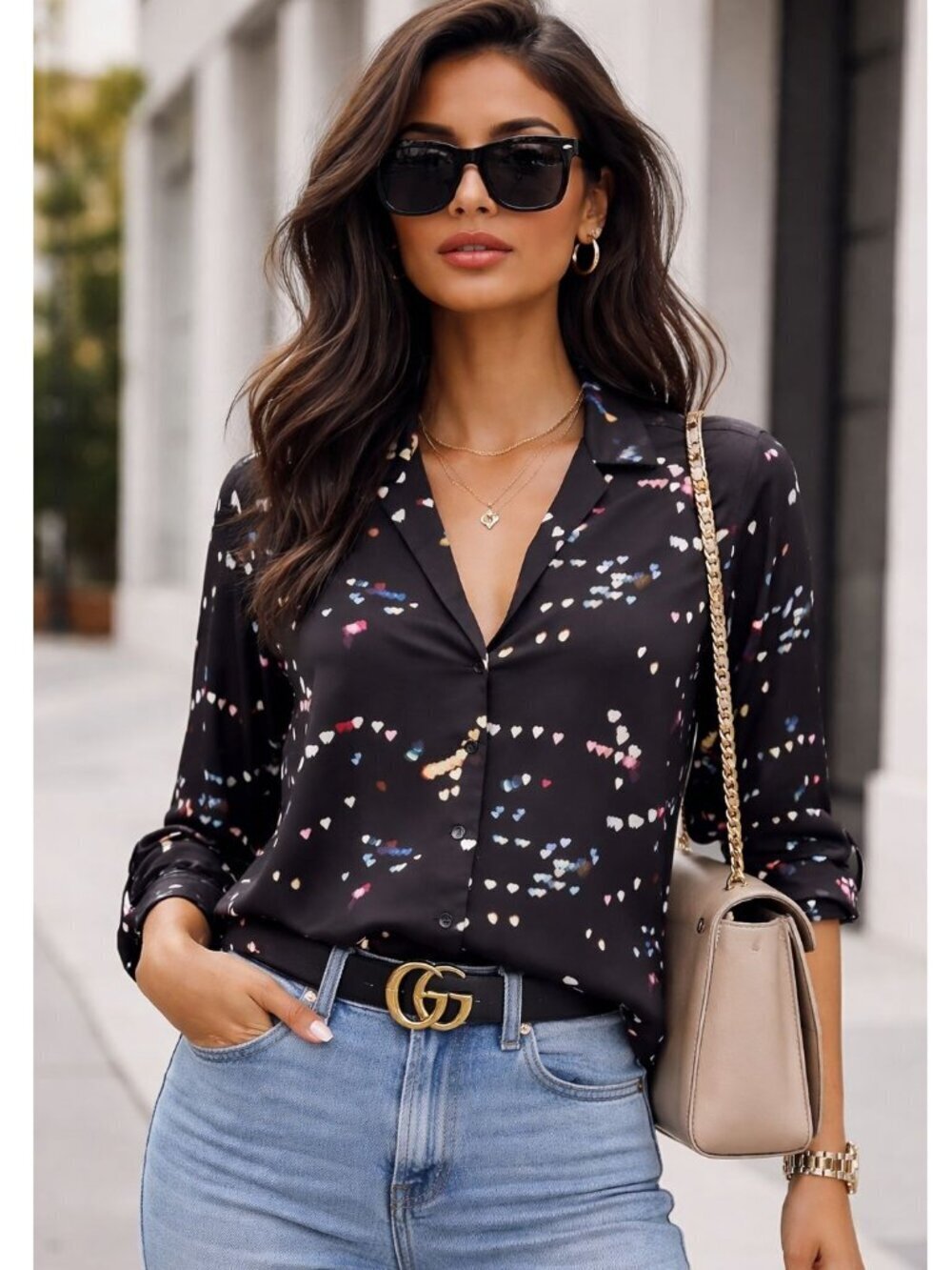 Equipment Adalyn Heart Print Blouse Black Multicolor Button Front Size Large